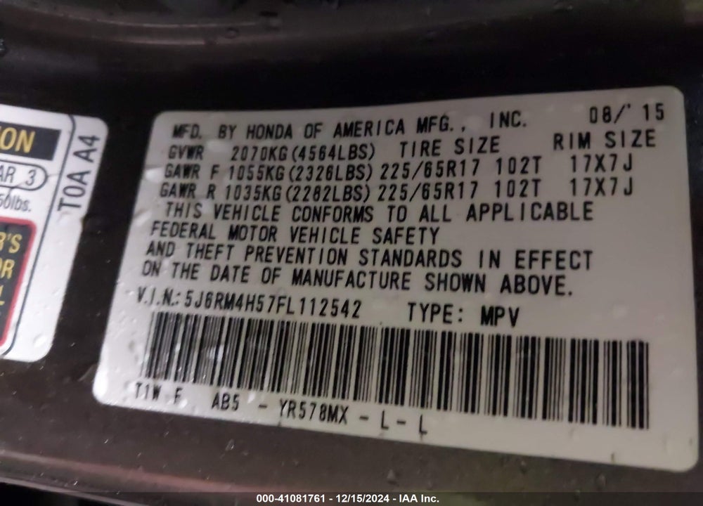 2015 HONDA CR-V EX VIN: 5J6RM4H57FL112542
