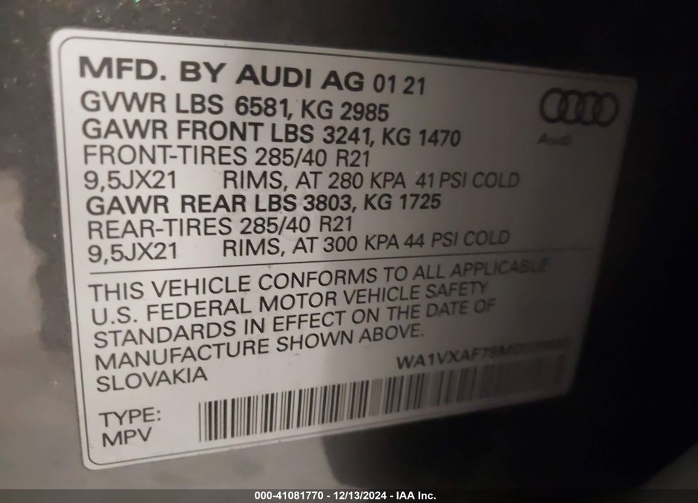 2021 AUDI Q7 PRESTIGE 55 TFSI QUATTRO TIPTRONIC VIN: WA1VXAF79MD029663
