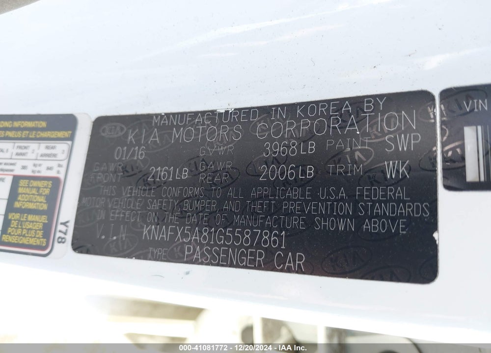 2016 KIA FORTE EX VIN: KNAFX5A81G5587861