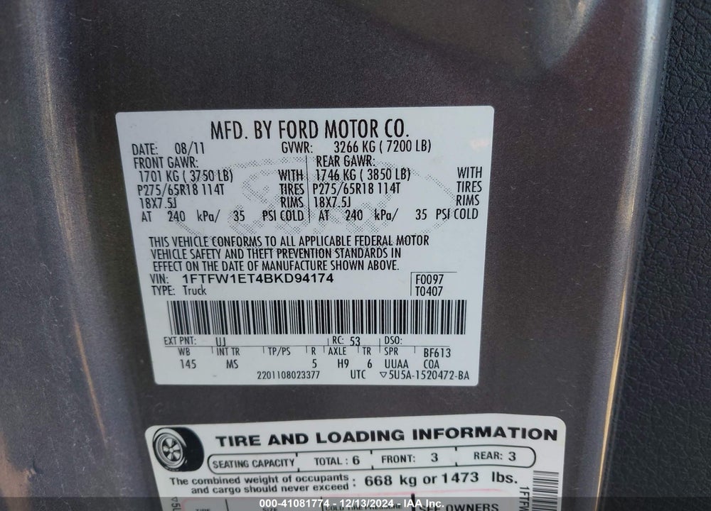 2011 FORD F-150 XLT VIN: 1FTFW1ET4BKD94174