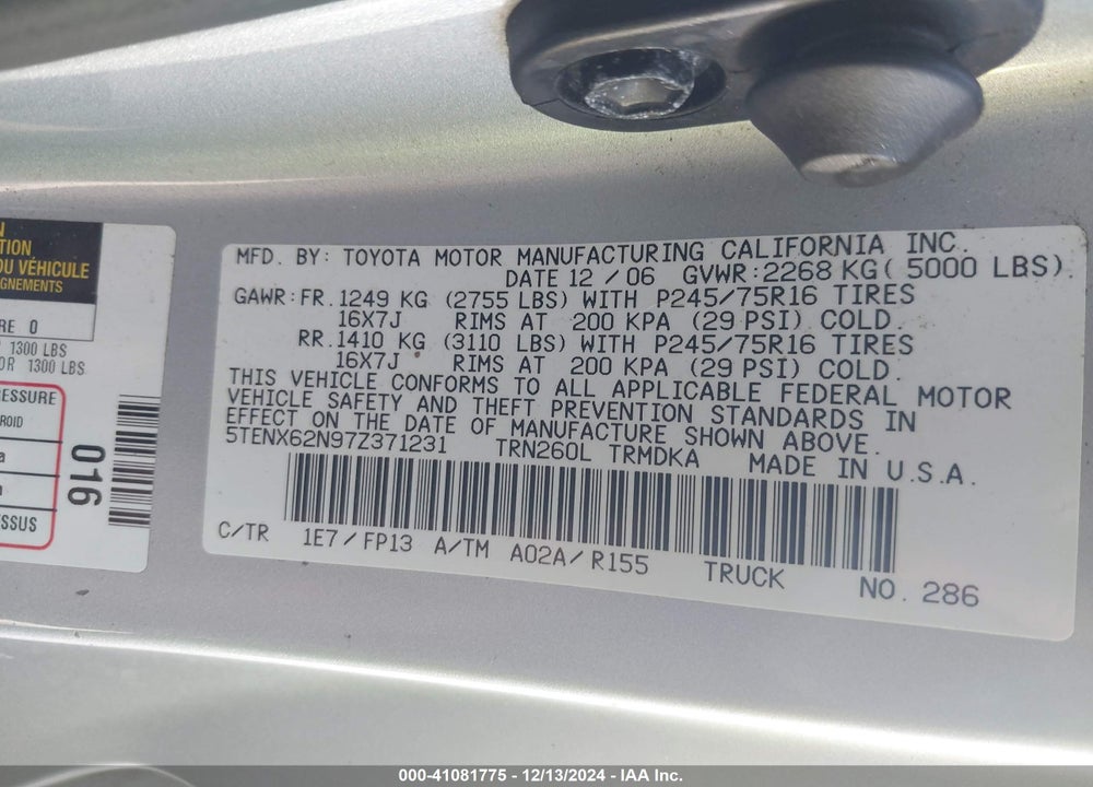 2007 TOYOTA TACOMA PRERUNNER VIN: 5TENX62N97Z371231