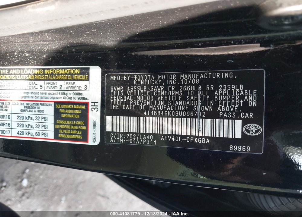 2009 TOYOTA CAMRY HYBRID VIN: 4T1BB46K09U096782