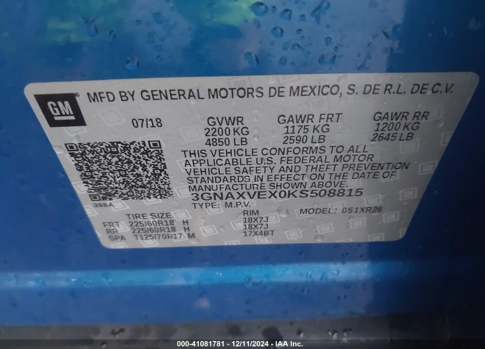 2019 CHEVROLET EQUINOX LT VIN: 3GNAXVEX0KS508815