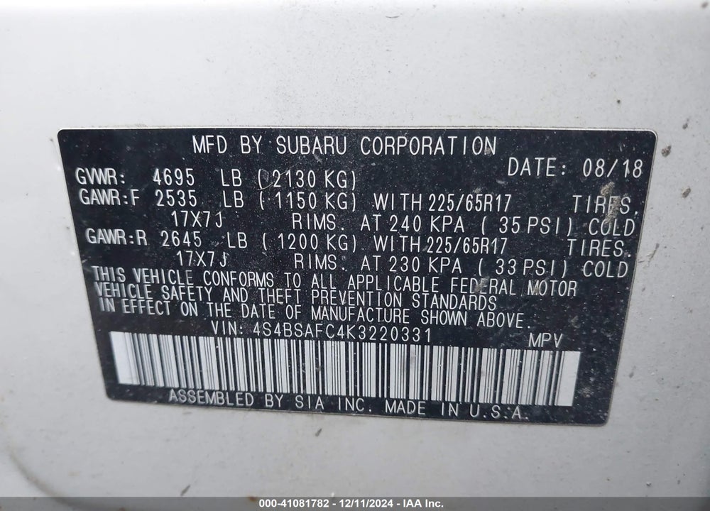 2019 SUBARU OUTBACK 2.5I PREMIUM VIN: 4S4BSAFC4K3220331