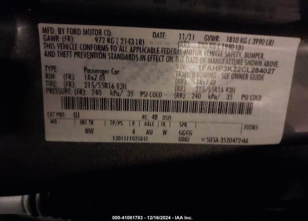 2012 FORD FOCUS SE VIN: 1FAHP3K22CL284027
