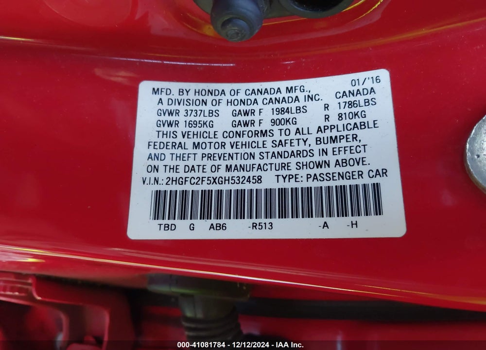 2016 HONDA CIVIC LX VIN: 2HGFC2F5XGH532458