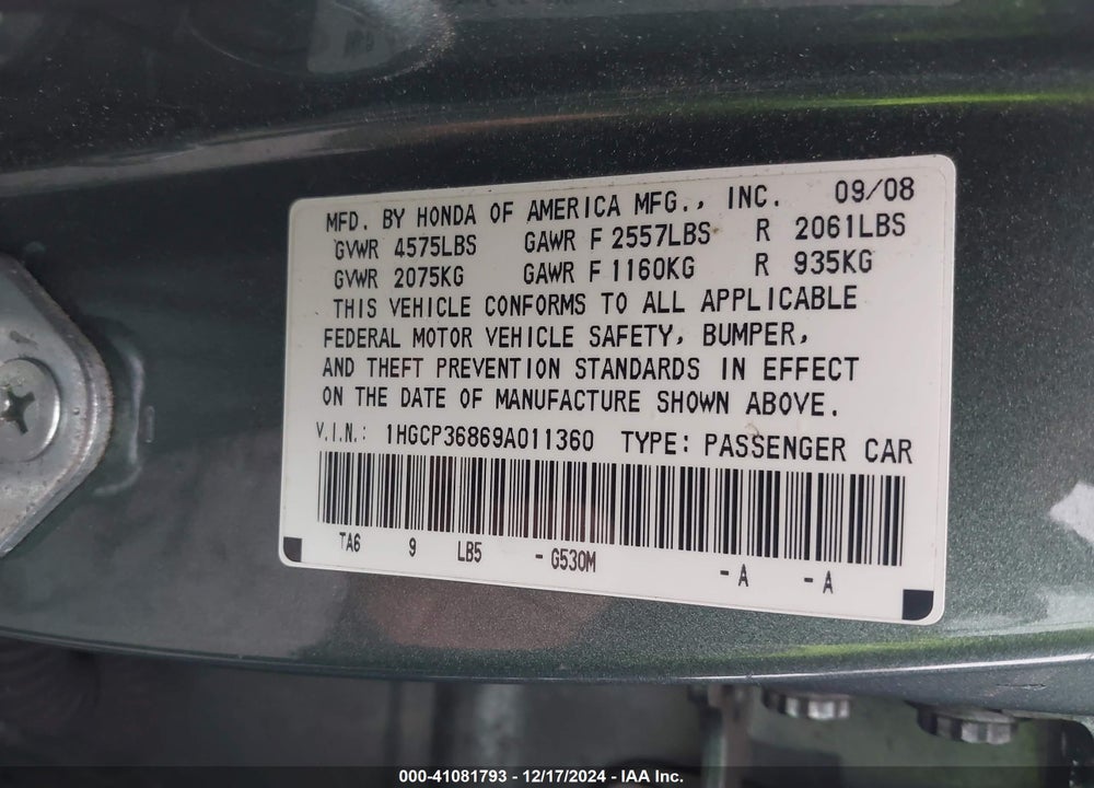 2009 HONDA ACCORD 3.5 EX-L VIN: 1HGCP36869A011360