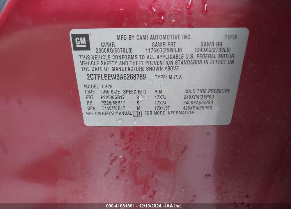 2010 GMC TERRAIN SLE-2 VIN: 2CTFLEEW3A6268789