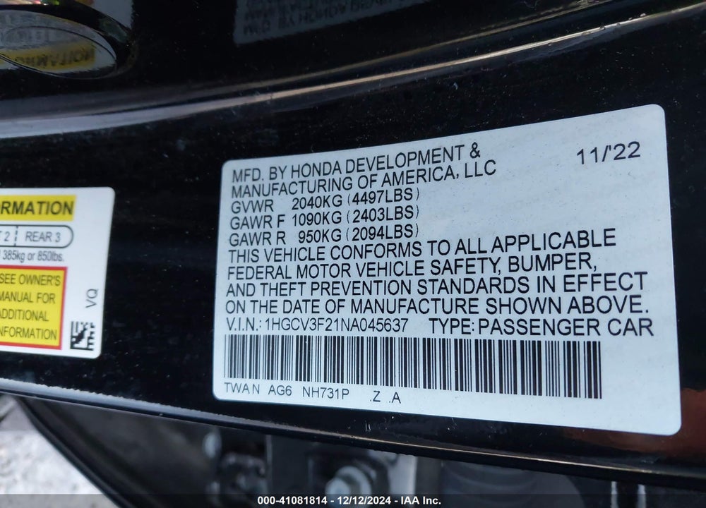 2022 HONDA ACCORD HYBRID SPORT VIN: 1HGCV3F21NA045637