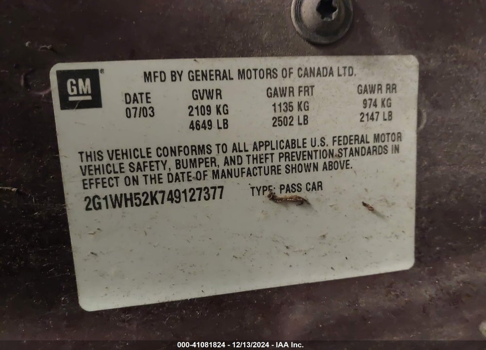 2004 CHEVROLET IMPALA LS VIN: 2G1WH52K749127377