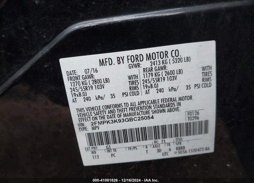 2016 FORD EDGE TITANIUM VIN: 2FMPK3K93GBC25054