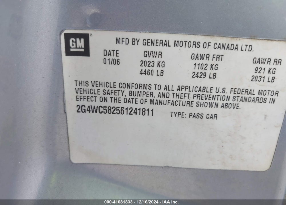 2006 BUICK LACROSSE CX VIN: 2G4WC582561241811
