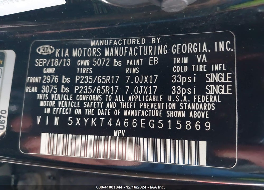 2014 KIA SORENTO LX VIN: 5XYKT4A66EG515869