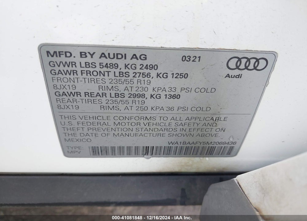 2021 AUDI Q5 PREMIUM PLUS 45 TFSI QUATTRO S TRONIC VIN: WA1BAAFY5M2068436