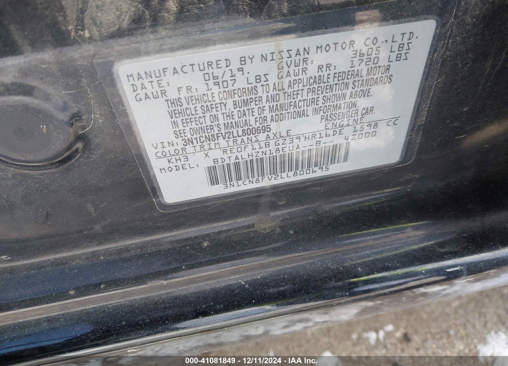 2020 NISSAN VERSA VIN: 3N1CN8FV2LL800695