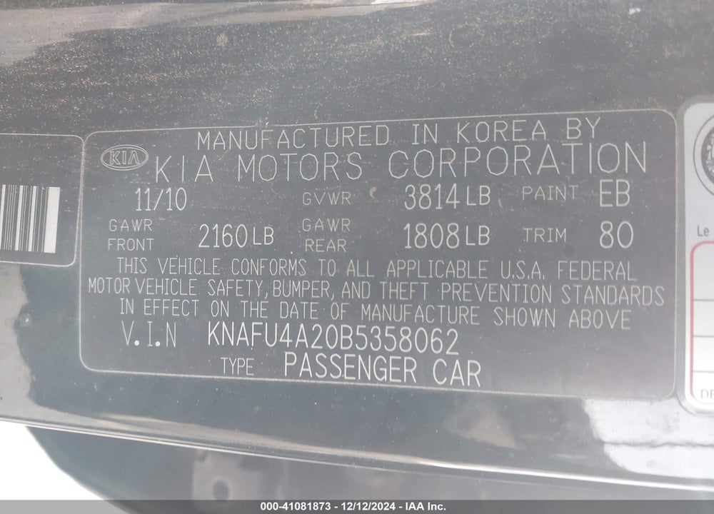 2011 KIA FORTE VIN: KNAFU4A20B5358062