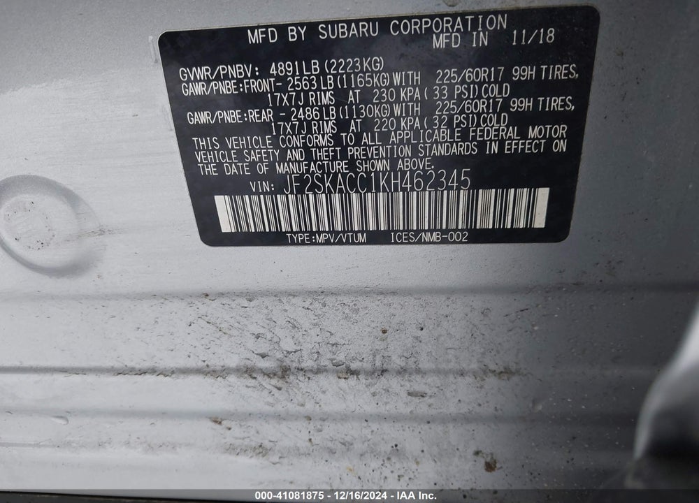 2019 SUBARU FORESTER VIN: JF2SKACC1KH462345