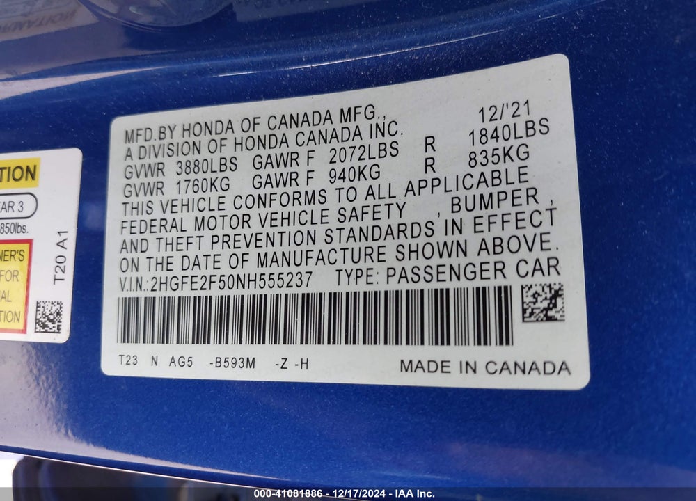 2022 HONDA CIVIC SPORT VIN: 2HGFE2F50NH555237