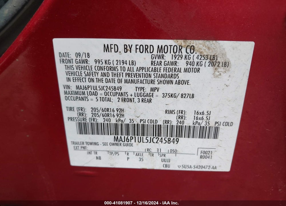 2018 FORD ECOSPORT SE VIN: MAJ6P1UL5JC245849