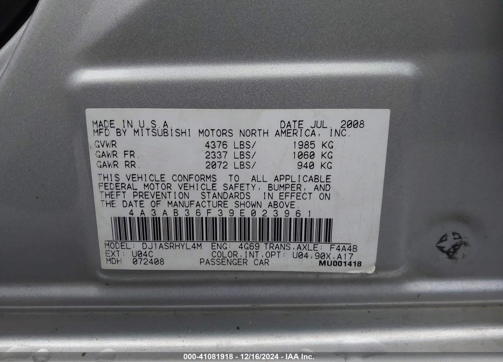 2009 MITSUBISHI GALANT ES/SPORT EDITION VIN: 4A3AB36F39E023961