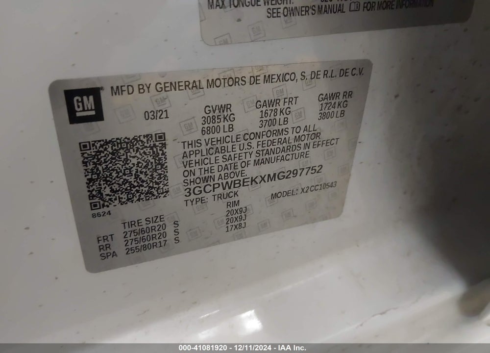2021 CHEVROLET SILVERADO 1500 VIN: 3GCPWBEKXMG297752