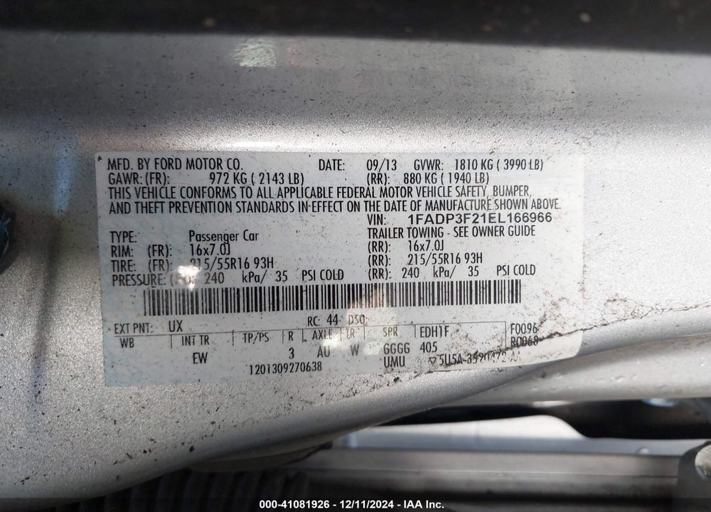2014 FORD FOCUS SE VIN: 1FADP3F21EL166966
