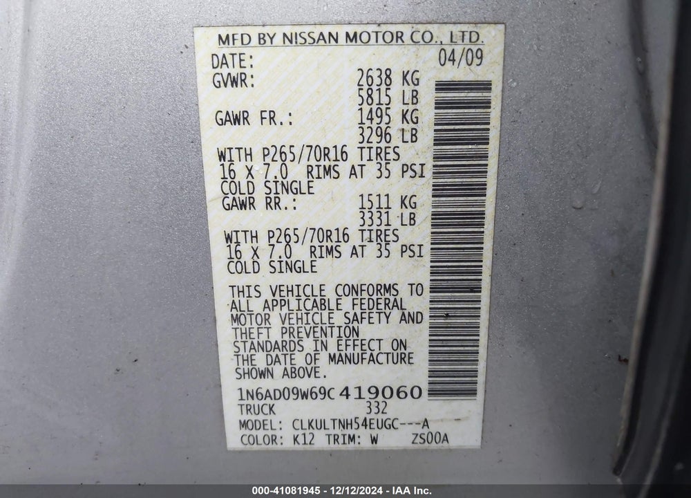 2009 NISSAN FRONTIER VIN: 1N6AD09W69C419060