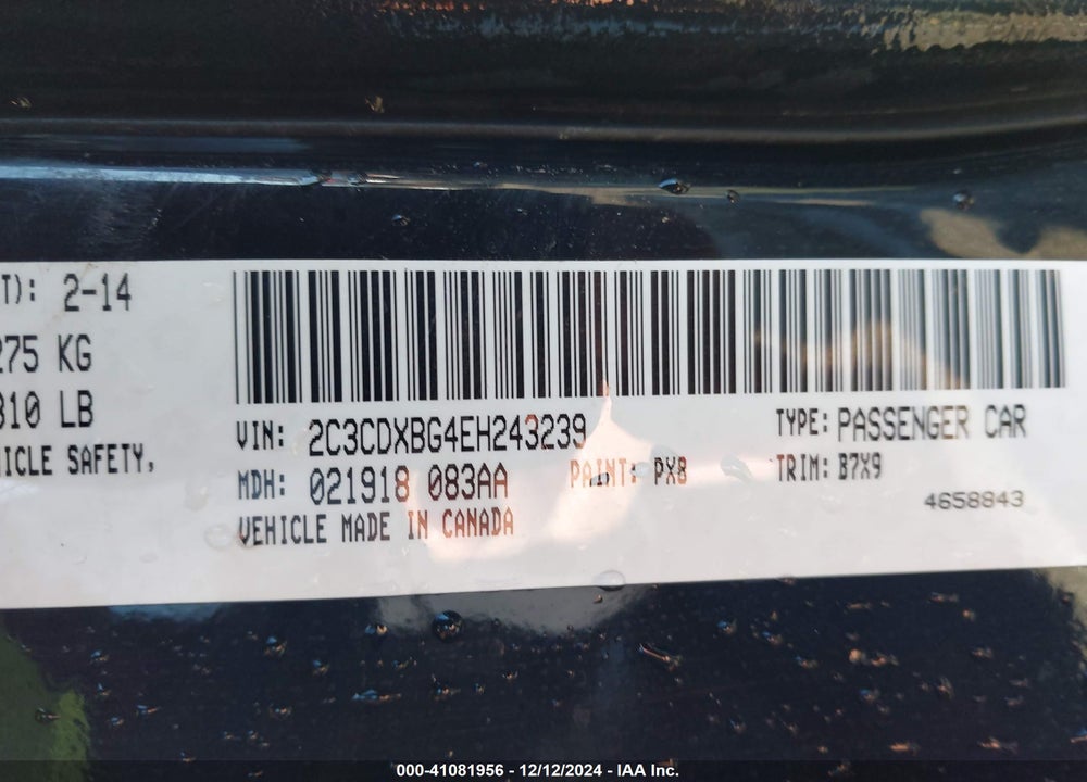 2014 DODGE CHARGER SE VIN: 2C3CDXBG4EH243239