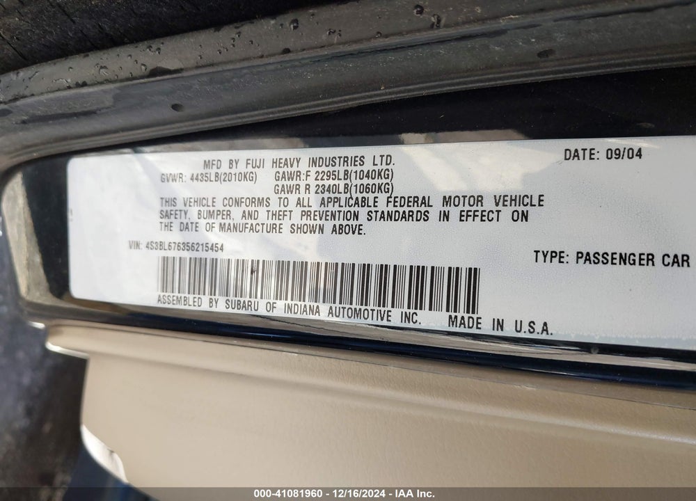 2005 SUBARU LEGACY 2.5GT LIMITED VIN: 4S3BL676356215454