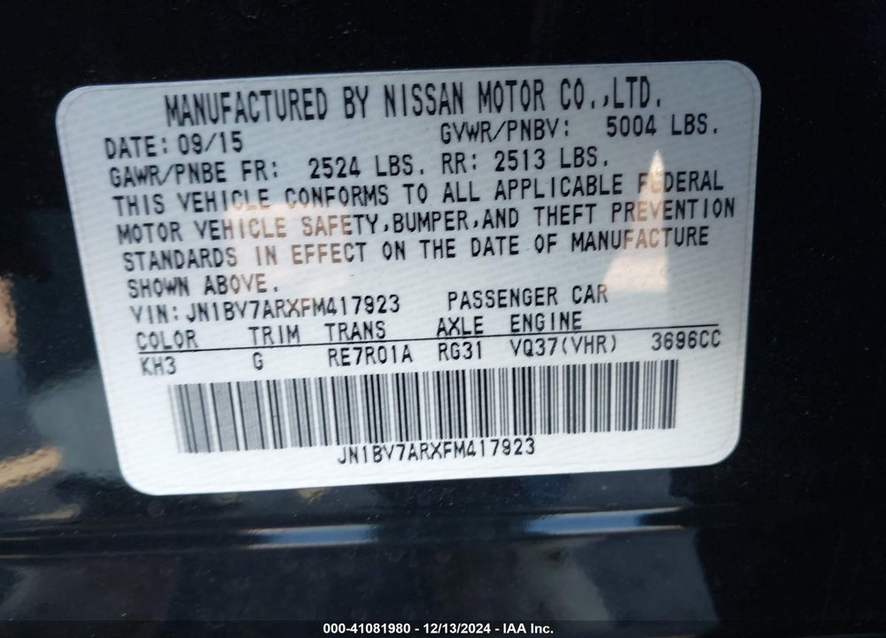 2015 INFINITI Q50 PREMIUM VIN: JN1BV7ARXFM417923