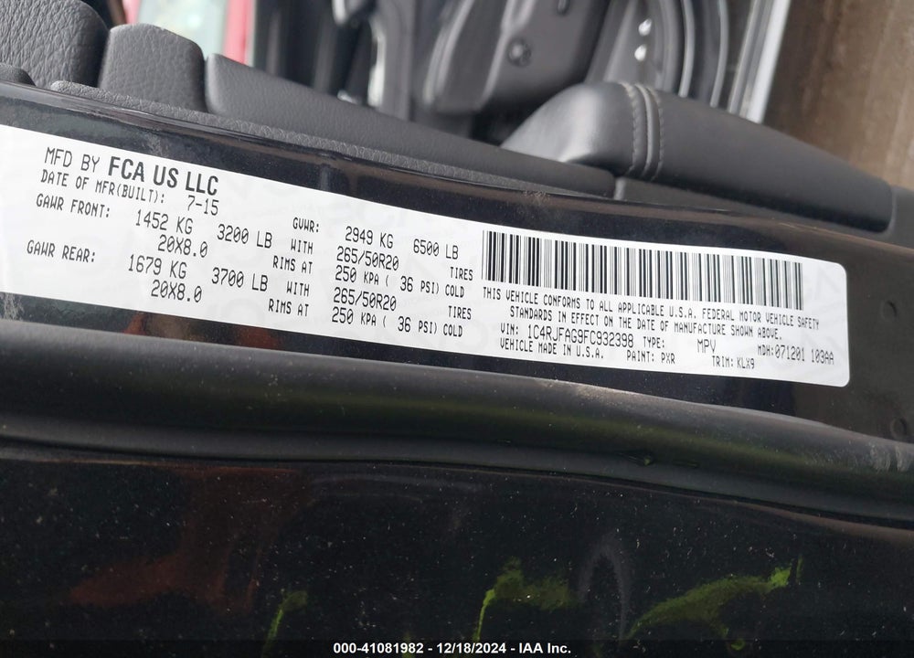 2015 JEEP GRAND CHEROKEE ALTITUDE VIN: 1C4RJFAG9FC932398