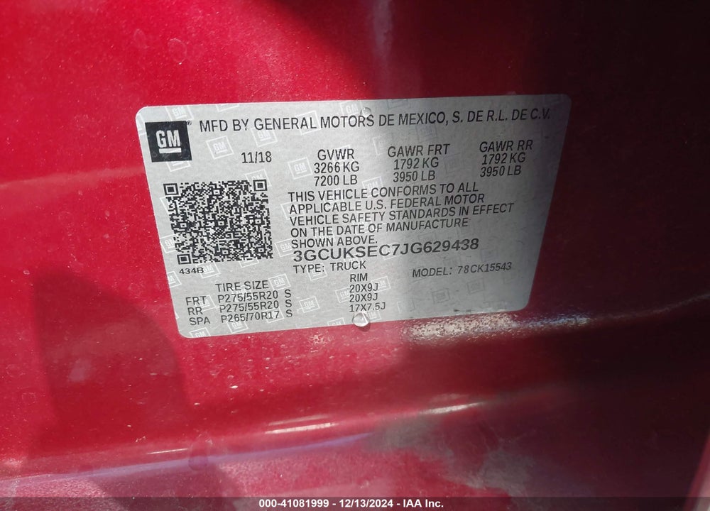 2018 CHEVROLET SILVERADO 1500 1LZ VIN: 3GCUKSEC7JG629438