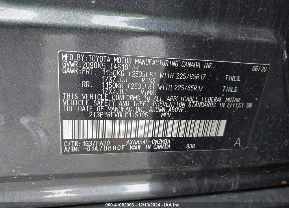 2020 TOYOTA RAV4 XLE VIN: 2T3P1RFV0LC115105