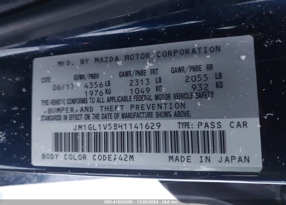 2017 MAZDA 6 TOURING VIN: JM1GL1V58H1141629
