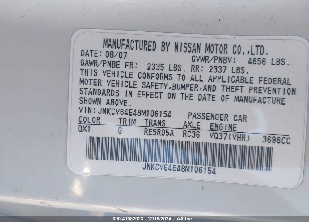 2008 INFINITI G37 JOURNEY VIN: JNKCV64E48M106154