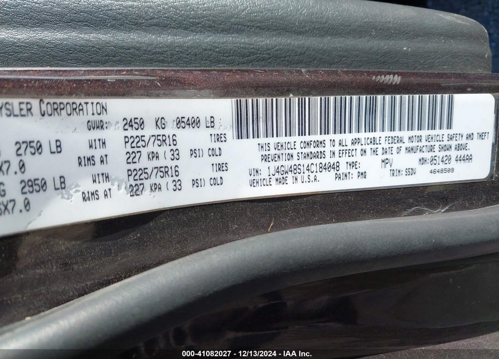 2004 JEEP GRAND CHEROKEE LAREDO VIN: 1J4GW48S14C184048