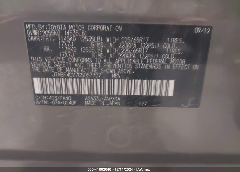 2012 TOYOTA RAV4 VIN: JTMBF4DV7C5057727