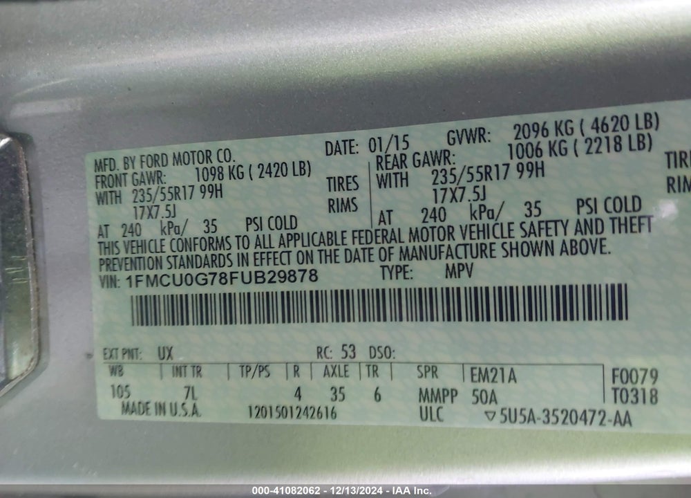 2015 FORD ESCAPE SE VIN: 1FMCU0G78FUB29878