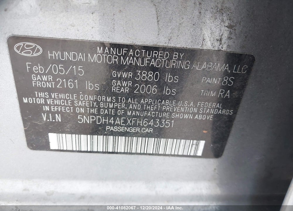 2015 HYUNDAI ELANTRA SE VIN: 5NPDH4AEXFH643351