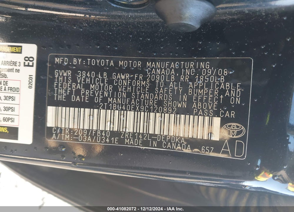 2009 TOYOTA COROLLA LE VIN: 2T1BU40EX9C120892