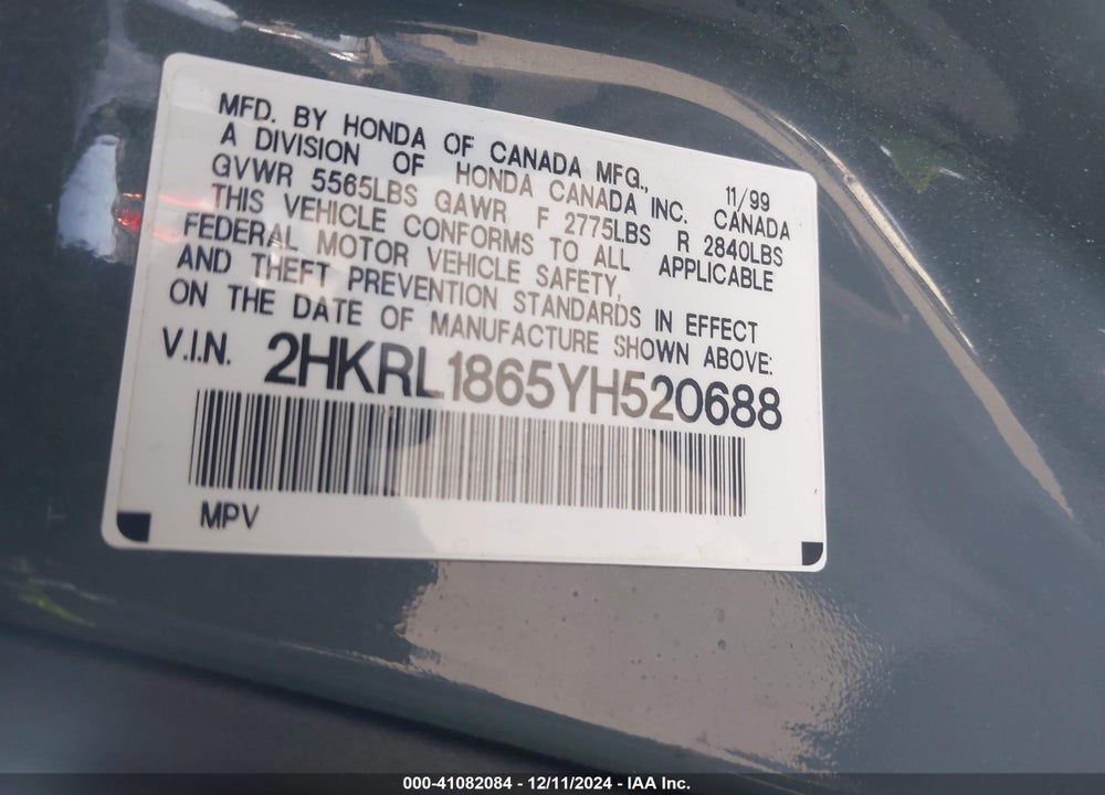 2000 HONDA ODYSSEY EX VIN: 2HKRL1865YH520688
