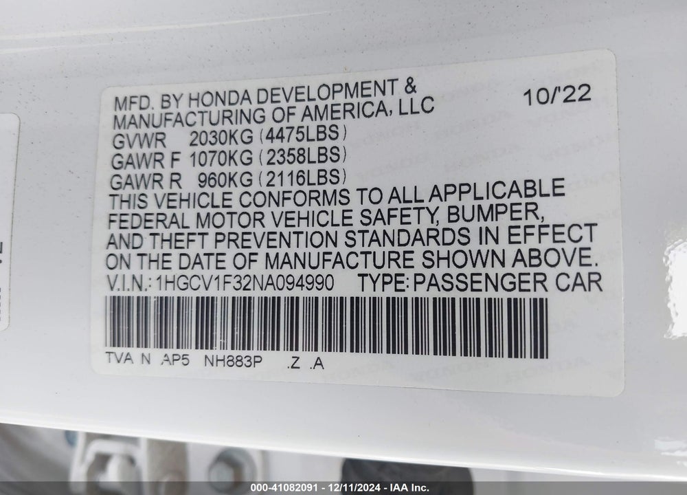 2022 HONDA ACCORD SPORT VIN: 1HGCV1F32NA094990