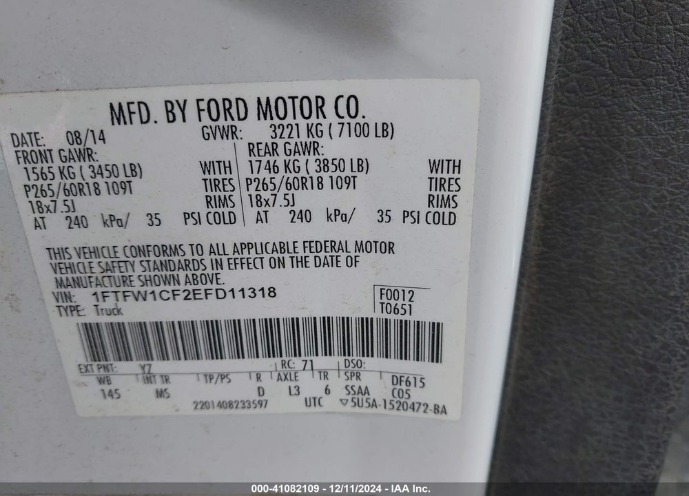 2014 FORD F-150 XLT VIN: 1FTFW1CF2EFD11318