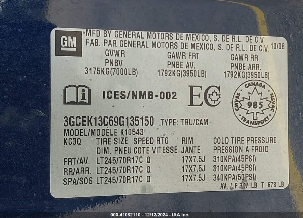2009 CHEVROLET SILVERADO 1500 LS/WORK TRUCK VIN: 3GCEK13C69G135150