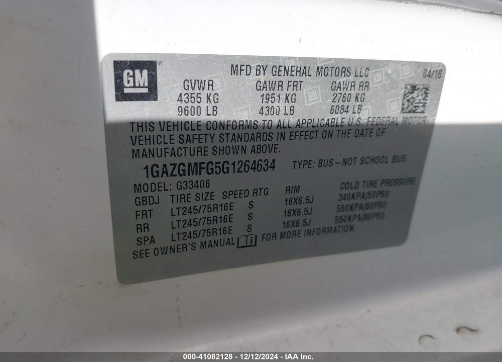 2016 CHEVROLET EXPRESS 3500 LT VIN: 1GAZGMFG5G1264634