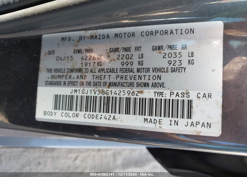 2016 MAZDA 6 I TOURING VIN: JM1GJ1V58G1425962