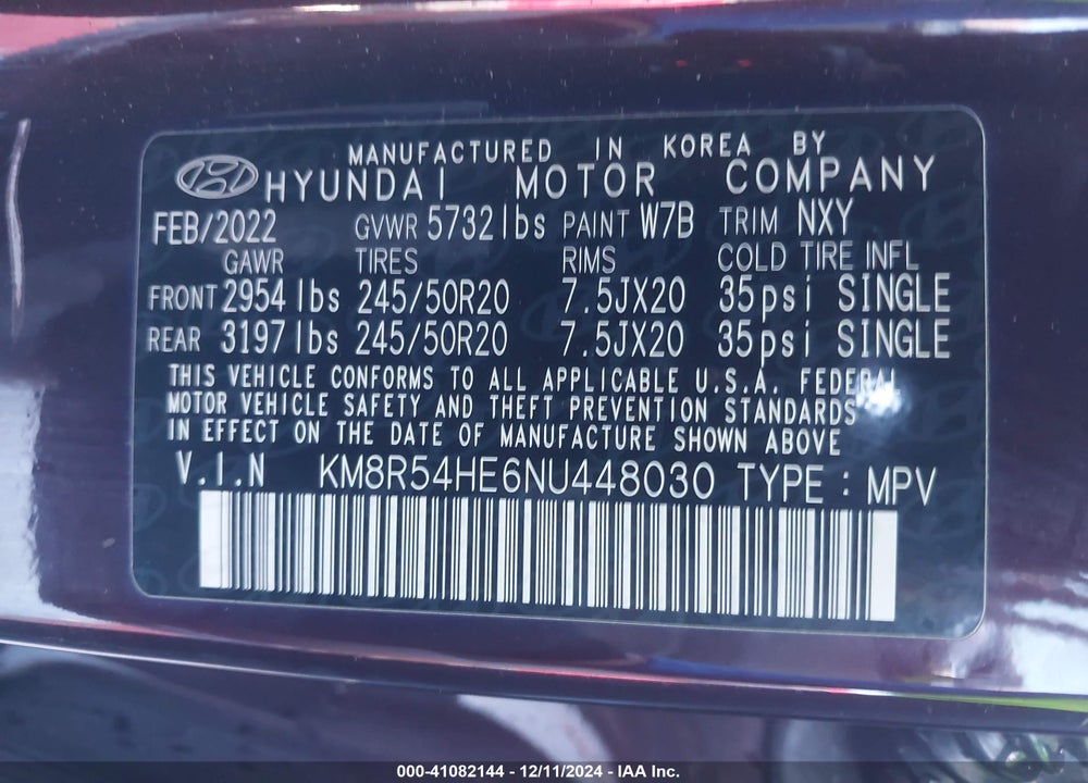 2022 HYUNDAI PALISADE LIMITED VIN: KM8R54HE6NU448030