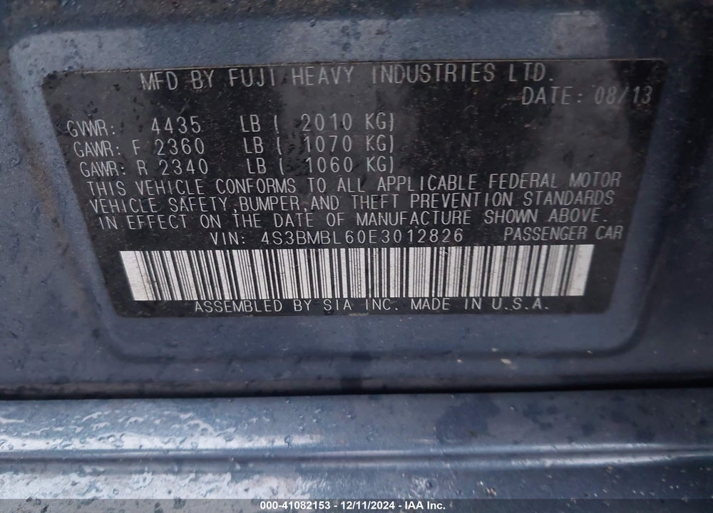 2014 SUBARU LEGACY 2.5I LIMITED VIN: 4S3BMBL60E3012826