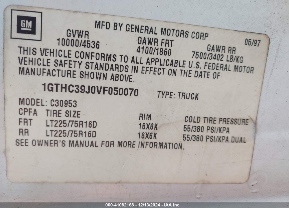 1997 GMC SIERRA 3500 HD SL VIN: 1GTHC39J0VF050070