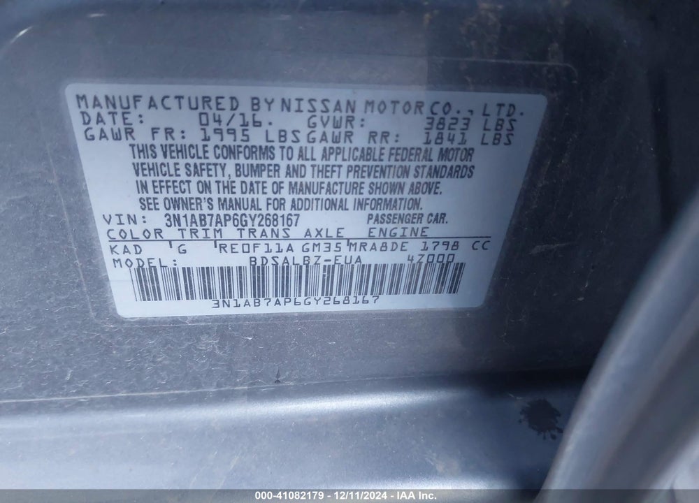 2016 NISSAN SENTRA VIN: 3N1AB7AP6GY268167